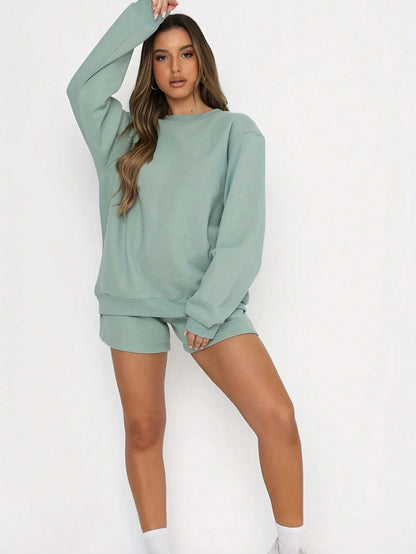 SXV Women's Solid Color Simple Daily Short-Sleeve Top And Shorts Set