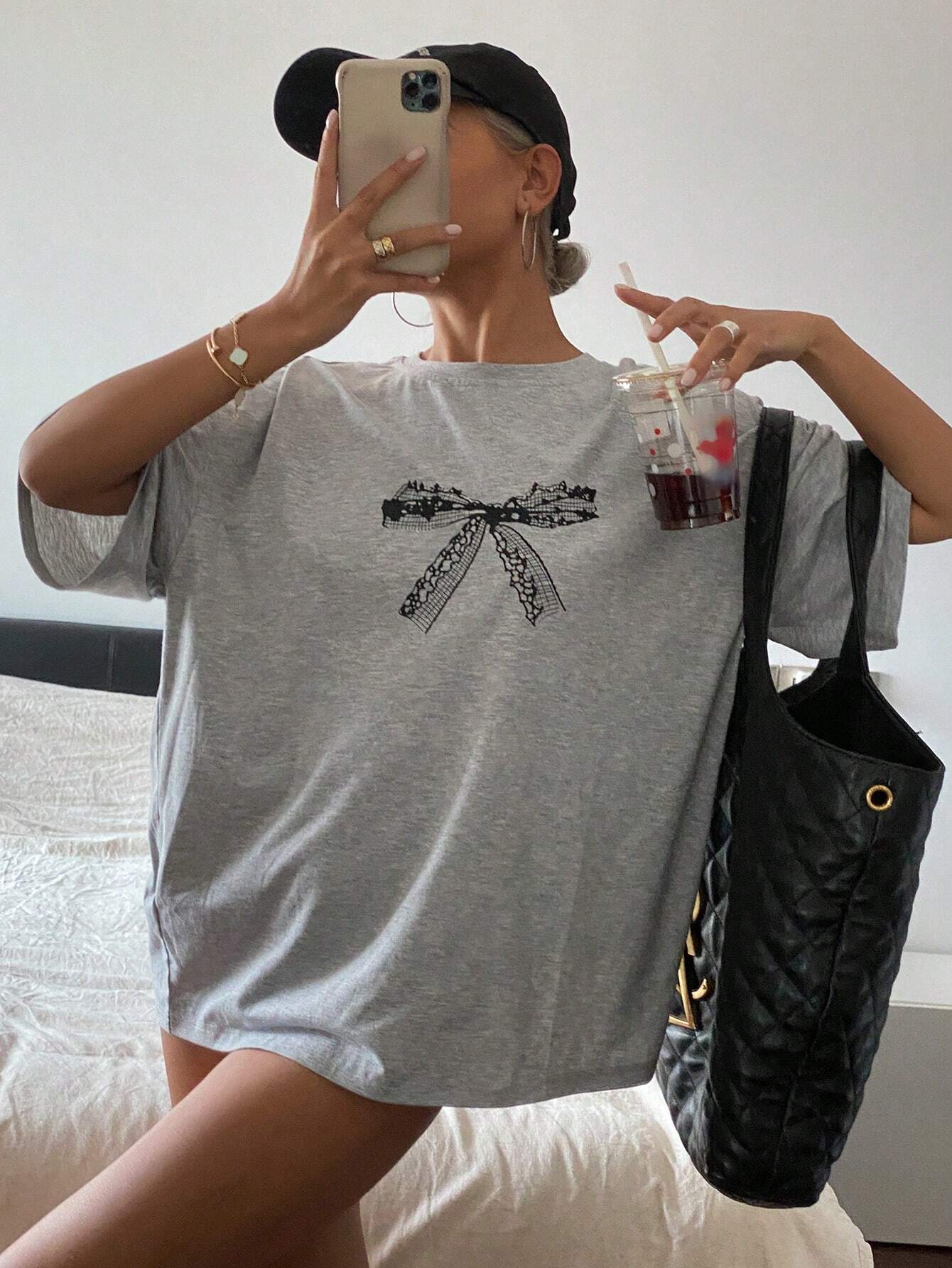 SXV Bowknot Printed Round Neck Casual Casual T-Shirt