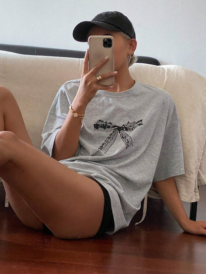 SXV Bowknot Printed Round Neck Casual Casual T-Shirt