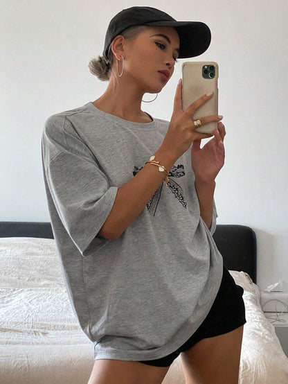 SXV Bowknot Printed Round Neck Casual Casual T-Shirt