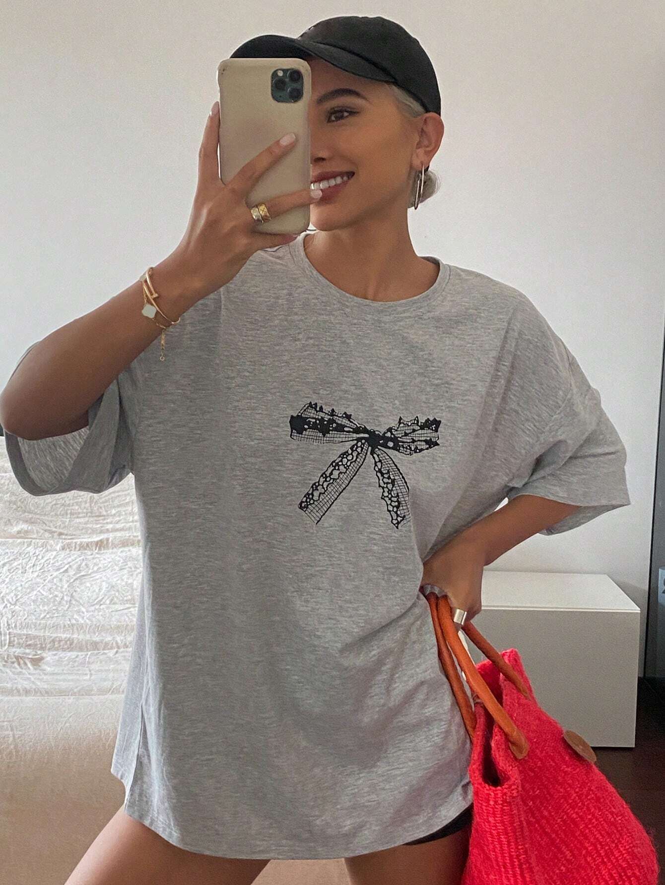 SXV Bowknot Printed Round Neck Casual Casual T-Shirt