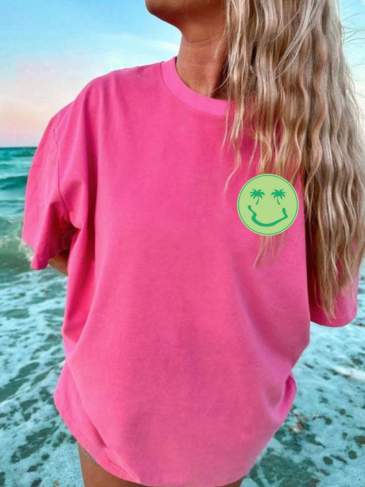 SXV Women Fashionable Smiling Face Printed Casual Holiday T-Shirt Graphic Tees