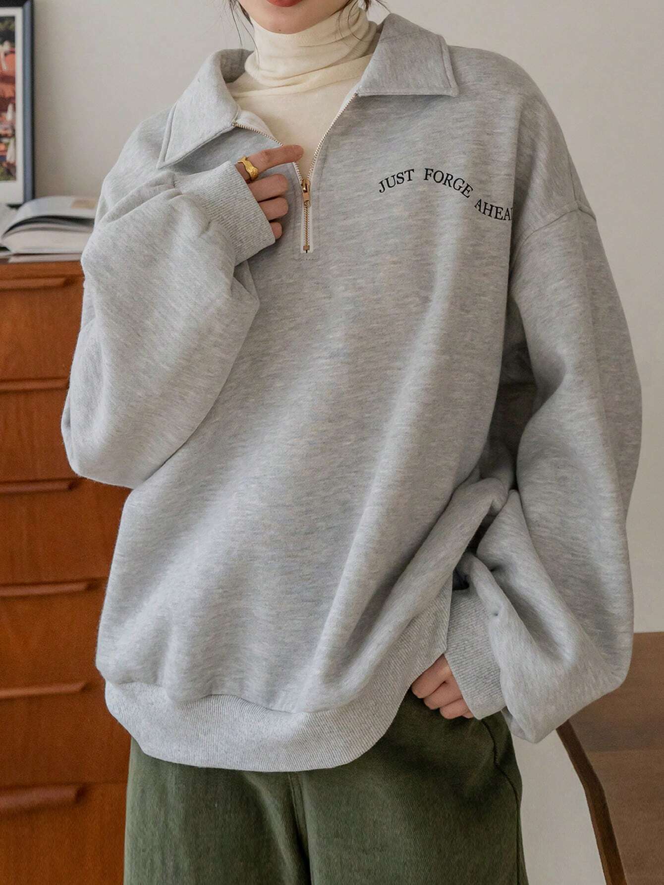 SXV Slogan Graphic Quarter Zip Drop Shoulder Thermal Lined Sweatshirt Without Tee,Fall Clothes