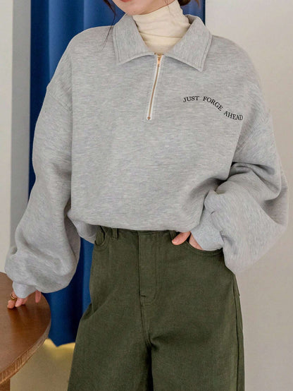 SXV Slogan Graphic Quarter Zip Drop Shoulder Thermal Lined Sweatshirt Without Tee,Fall Clothes