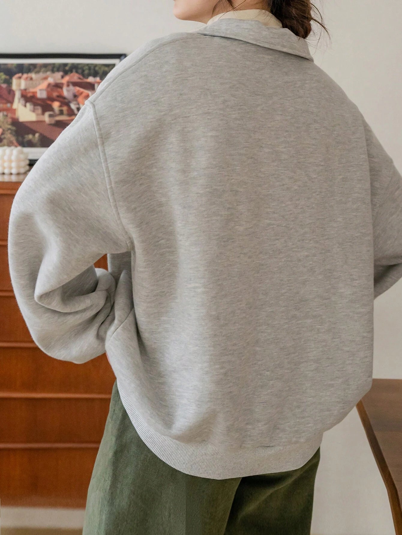 SXV Slogan Graphic Quarter Zip Drop Shoulder Thermal Lined Sweatshirt Without Tee,Fall Clothes