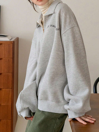 SXV Slogan Graphic Quarter Zip Drop Shoulder Thermal Lined Sweatshirt Without Tee,Fall Clothes