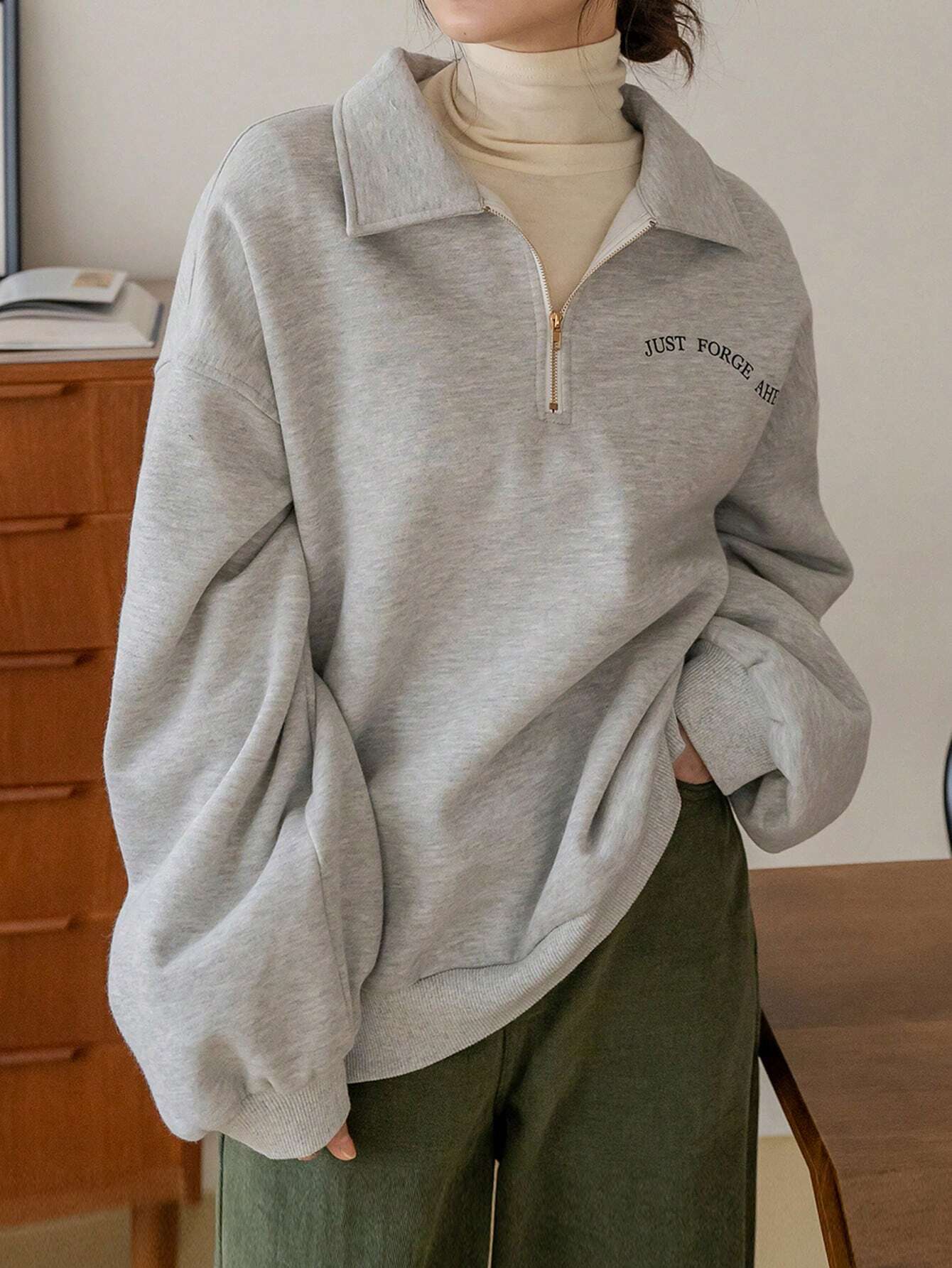 SXV Slogan Graphic Quarter Zip Drop Shoulder Thermal Lined Sweatshirt Without Tee,Fall Clothes