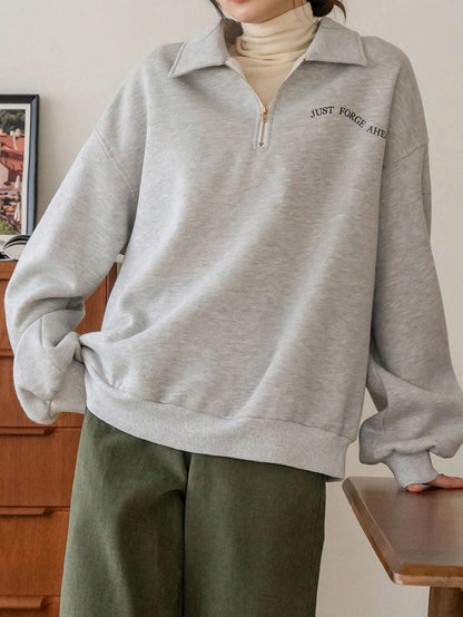 SXV Slogan Graphic Quarter Zip Drop Shoulder Thermal Lined Sweatshirt Without Tee,Fall Clothes