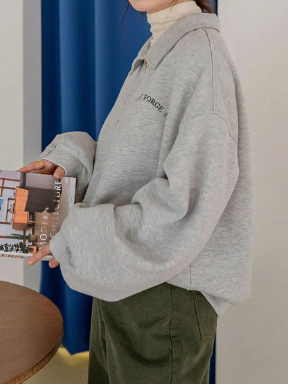 SXV Slogan Graphic Quarter Zip Drop Shoulder Thermal Lined Sweatshirt Without Tee,Fall Clothes