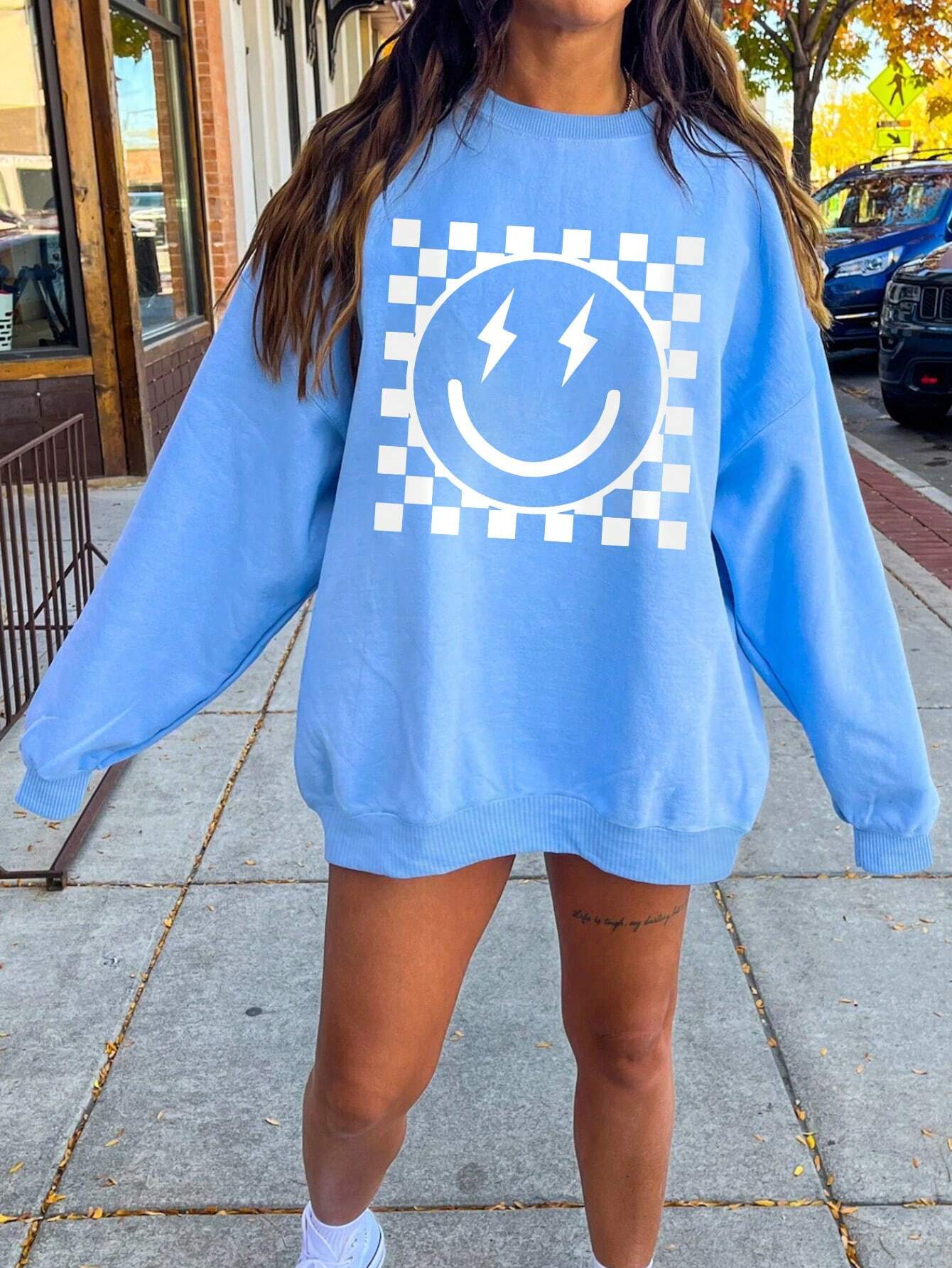 SXV Women's Casual Checkered Printed Fleece Sweatshirt