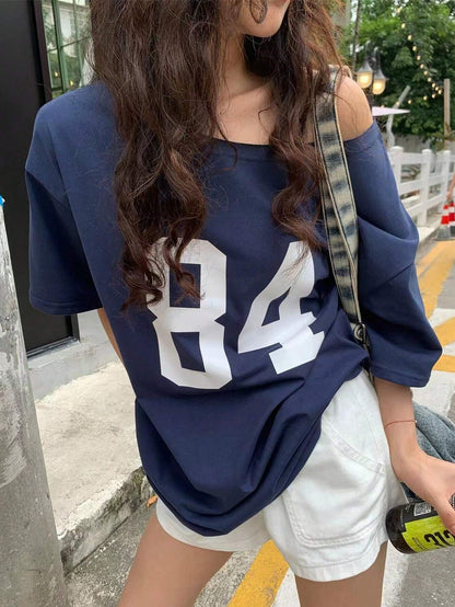 SXV Off shoulder Brown 84 Women's Summer Digital Printing Asymmetric Neck Short Sleeve Casual Loose T-Shirt Graphic Tees