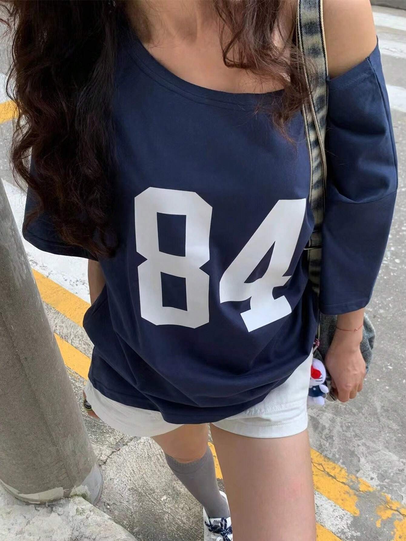 SXV Off shoulder Brown 84 Women's Summer Digital Printing Asymmetric Neck Short Sleeve Casual Loose T-Shirt Graphic Tees