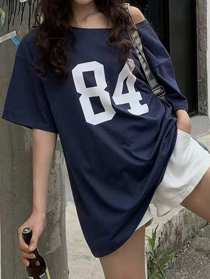 SXV Off shoulder Brown 84 Women's Summer Digital Printing Asymmetric Neck Short Sleeve Casual Loose T-Shirt Graphic Tees