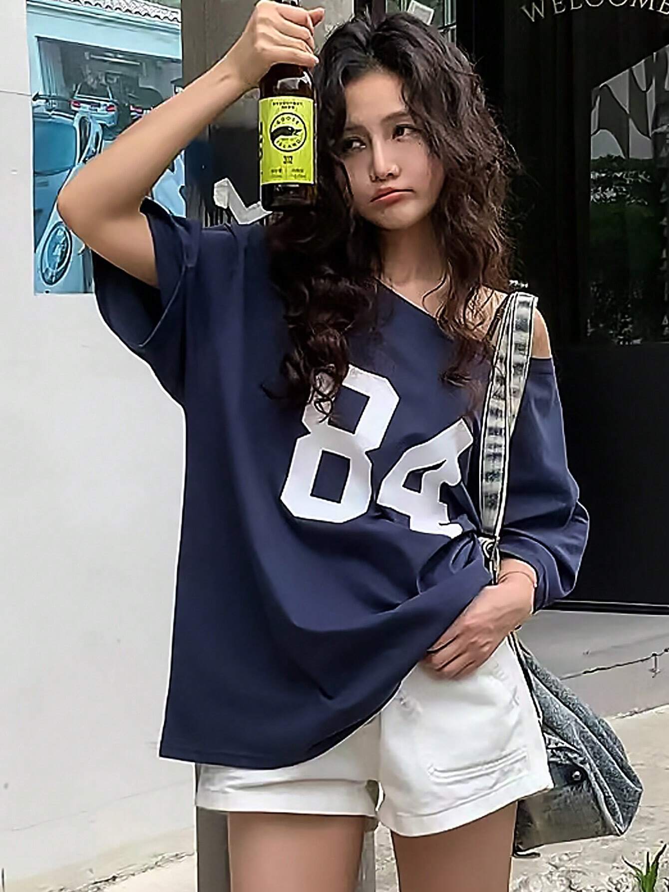 SXV Off shoulder Brown 84 Women's Summer Digital Printing Asymmetric Neck Short Sleeve Casual Loose T-Shirt Graphic Tees