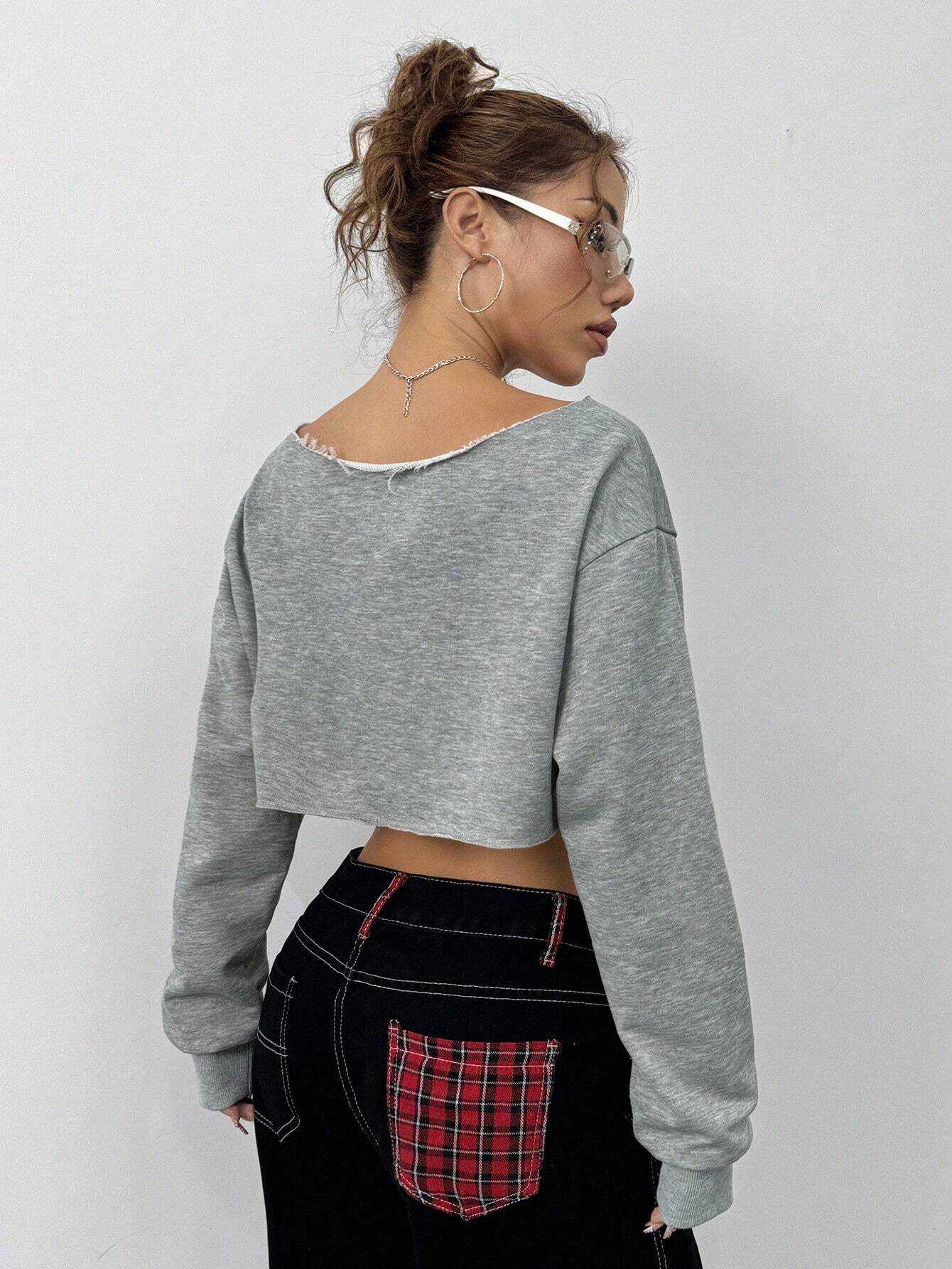 SXV Sexy Solid Color Asymmetric Neck Long Sleeve Cropped Sweatshirt