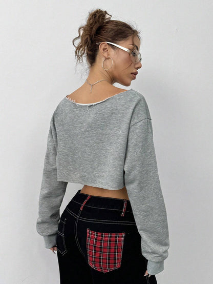 SXV Sexy Solid Color Asymmetric Neck Long Sleeve Cropped Sweatshirt