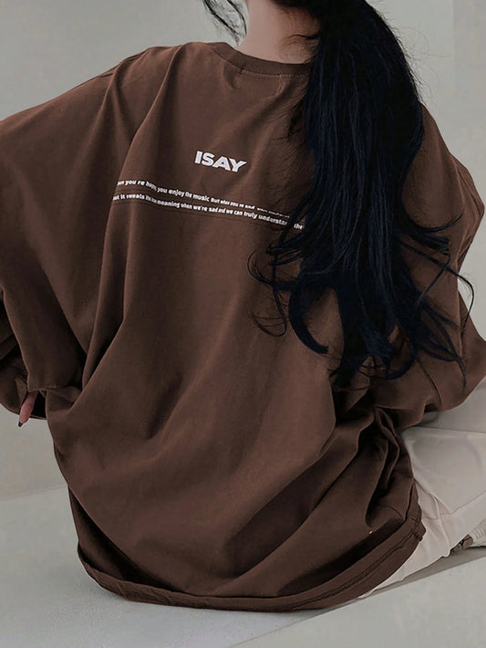 SXV Summer Loose Casual T-Shirt With Slogan Print, Round Neck And Drop Shoulder Long Sleeves