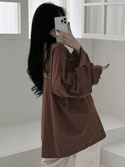 SXV Summer Loose Casual T-Shirt With Slogan Print, Round Neck And Drop Shoulder Long Sleeves