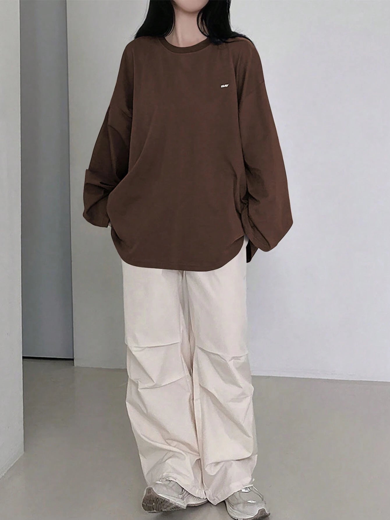 SXV Summer Loose Casual T-Shirt With Slogan Print, Round Neck And Drop Shoulder Long Sleeves
