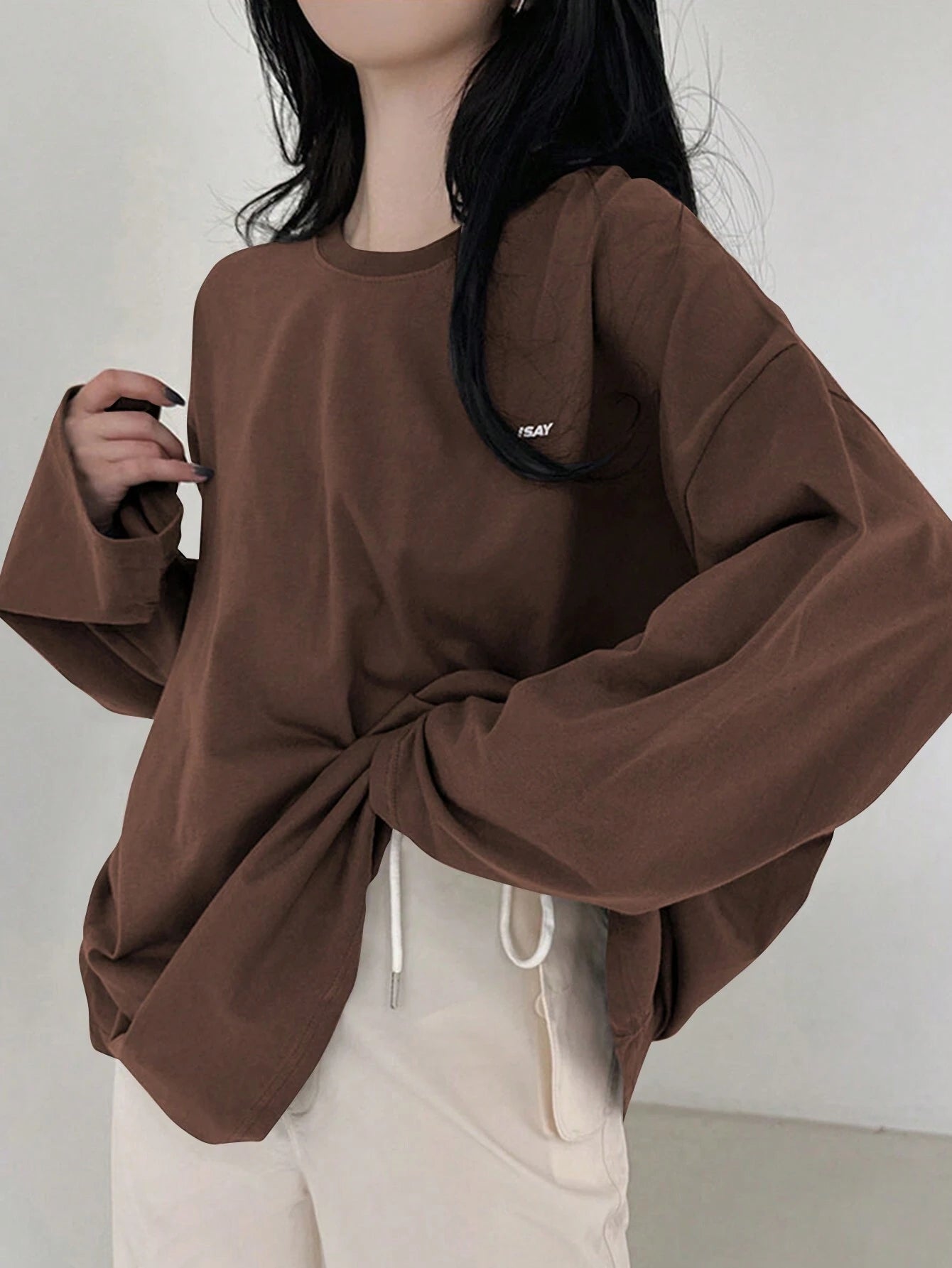 SXV Summer Loose Casual T-Shirt With Slogan Print, Round Neck And Drop Shoulder Long Sleeves