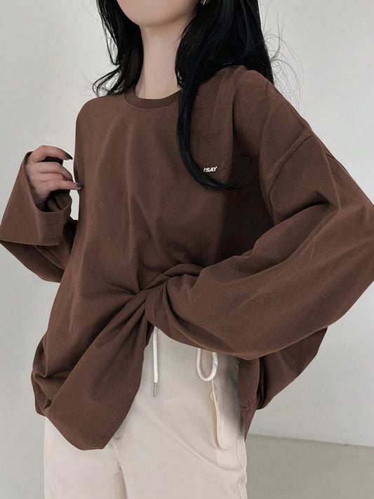 SXV Summer Loose Casual T-Shirt With Slogan Print, Round Neck And Drop Shoulder Long Sleeves