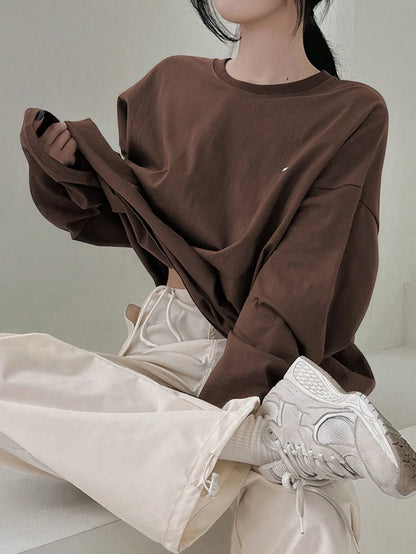 SXV Summer Loose Casual T-Shirt With Slogan Print, Round Neck And Drop Shoulder Long Sleeves