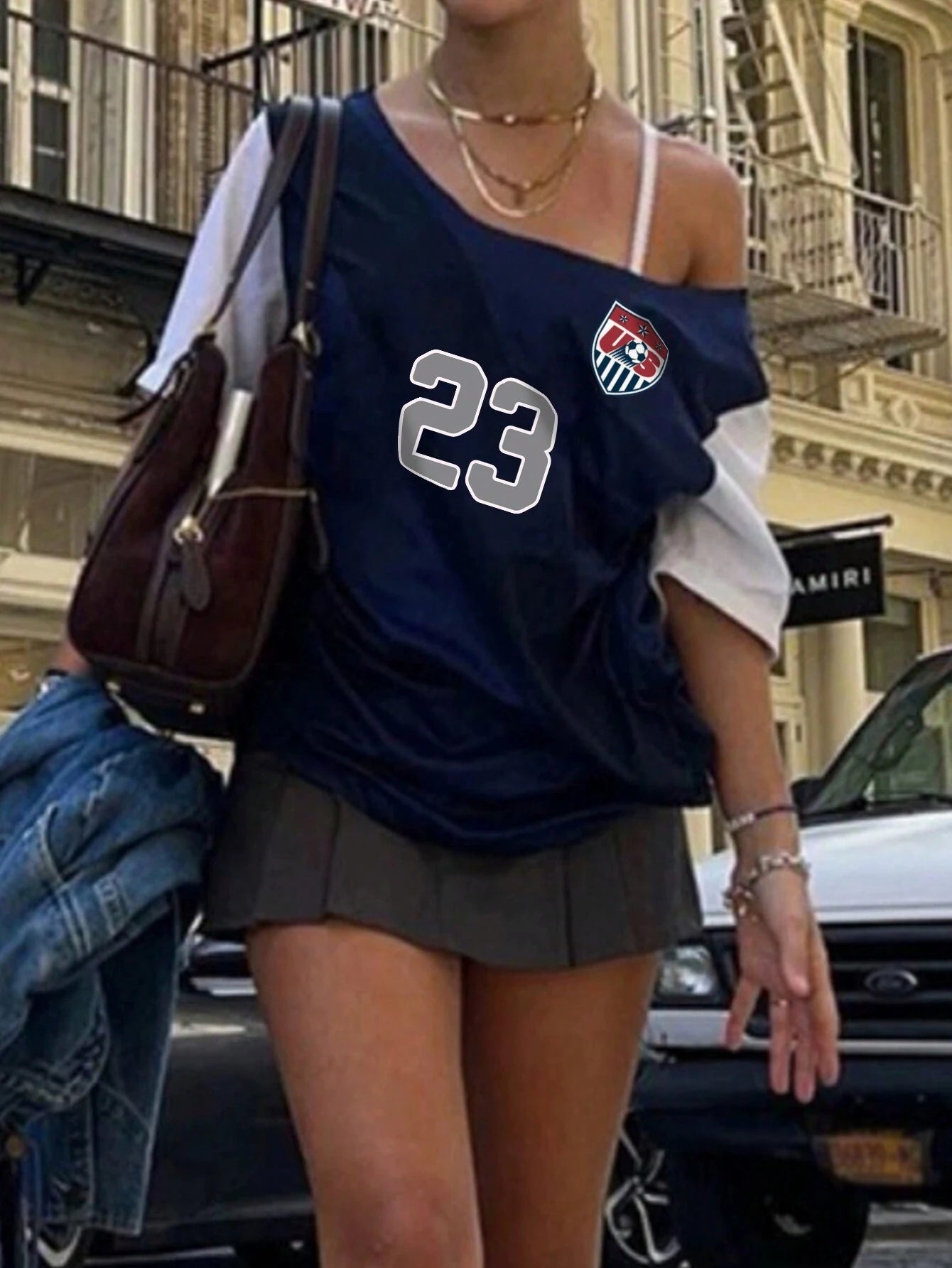 SXV Women's Asymmetric Collar Contrast Color Numeric Print Summer Short Sleeve T-Shirt Graphic Tees