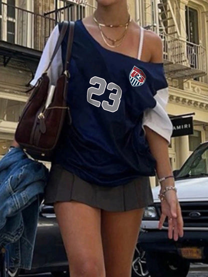 SXV Women's Asymmetric Collar Contrast Color Numeric Print Summer Short Sleeve T-Shirt Graphic Tees