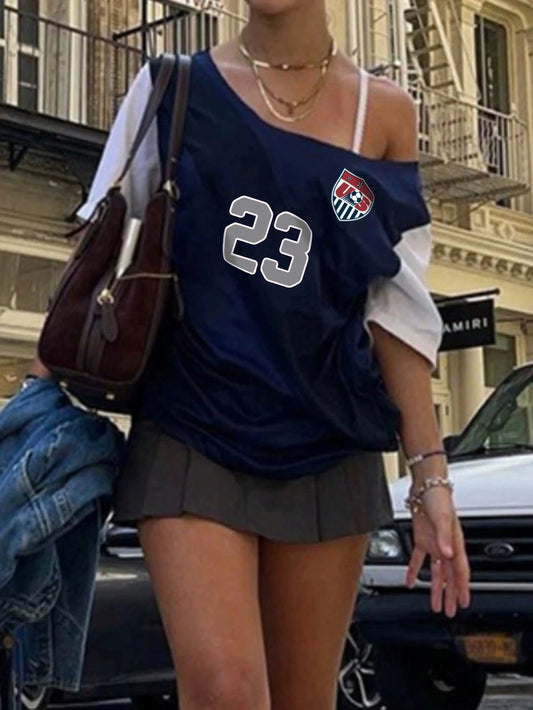 SXV Women's Asymmetric Collar Contrast Color Numeric Print Summer Short Sleeve T-Shirt Graphic Tees