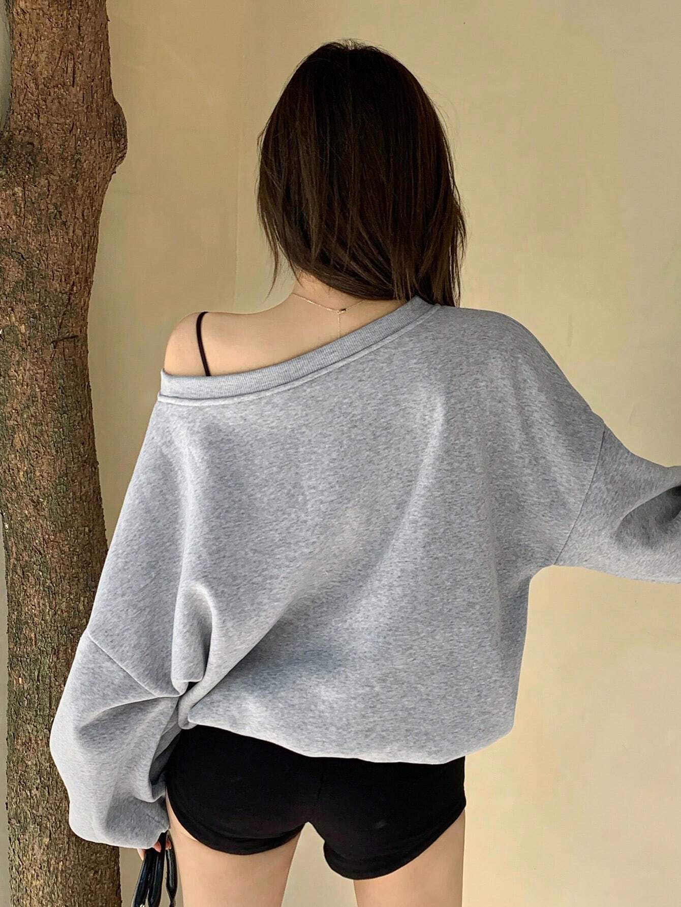 SXV Oversized Women's Asymmetrical Neck Loose Fleece Sweatshirt