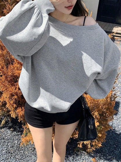SXV Oversized Women's Asymmetrical Neck Loose Fleece Sweatshirt