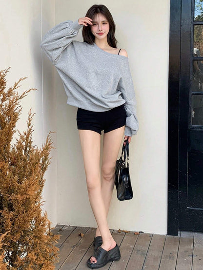 SXV Oversized Women's Asymmetrical Neck Loose Fleece Sweatshirt