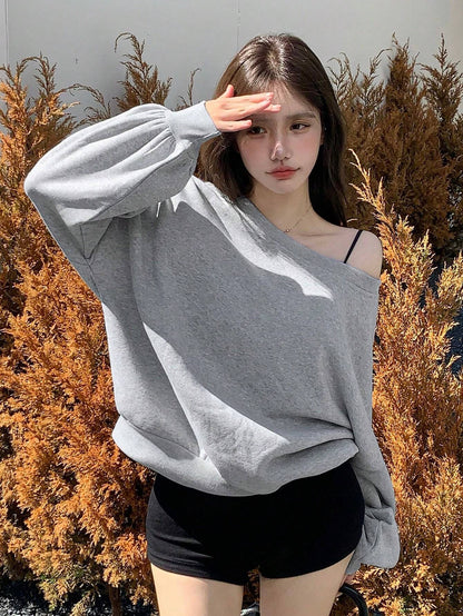 SXV Oversized Women's Asymmetrical Neck Loose Fleece Sweatshirt