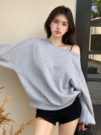 SXV Oversized Women's Asymmetrical Neck Loose Fleece Sweatshirt