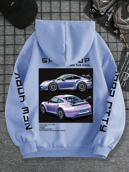 SXV Speed Up Car Graphic Print Thermal Lined Hoodie Sweatshirt, Fashion Streetwear