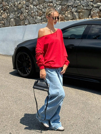 SXV Women's Autumn Open Shoulder Red Oversized Sweatshirt