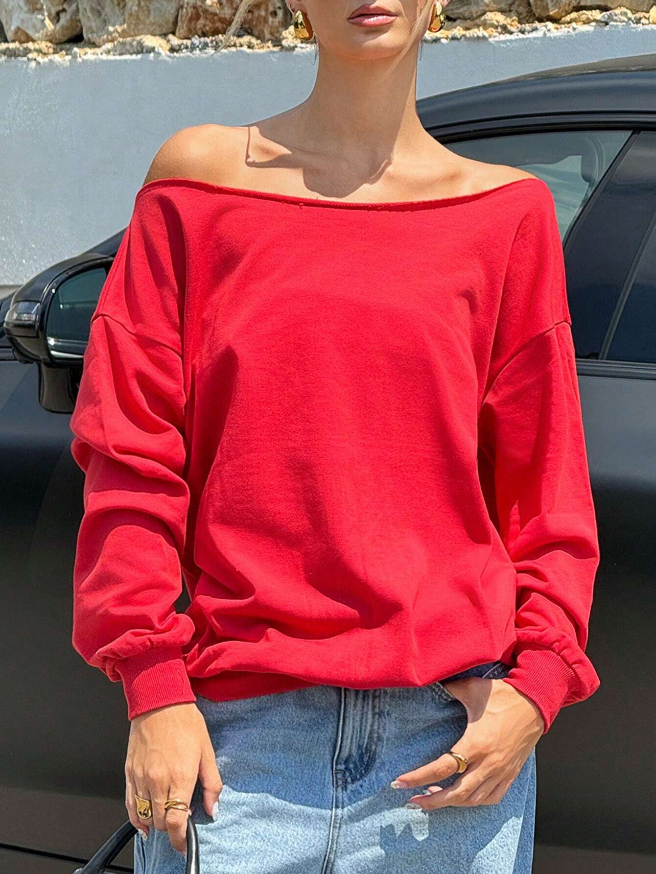 SXV Women's Autumn Open Shoulder Red Oversized Sweatshirt