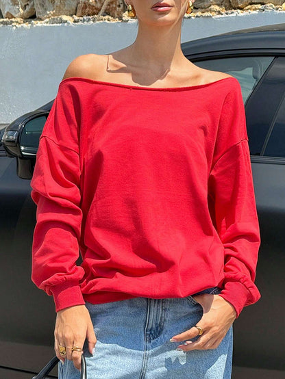 SXV Women's Autumn Open Shoulder Red Oversized Sweatshirt