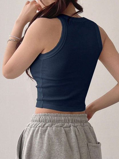 SXV Solid Navyblue Ribbed Tank Top