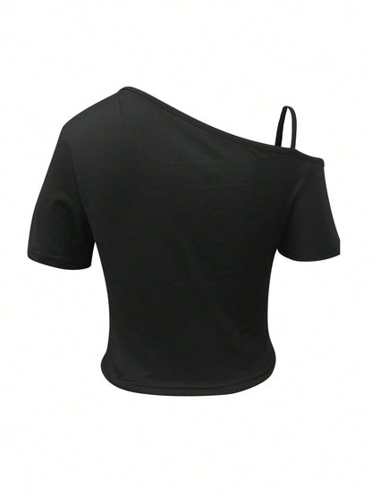 SXV Summer Fashion Asymmetric Collar Slogan Print Cropped T-Shirt Graphic Tees Women Tops