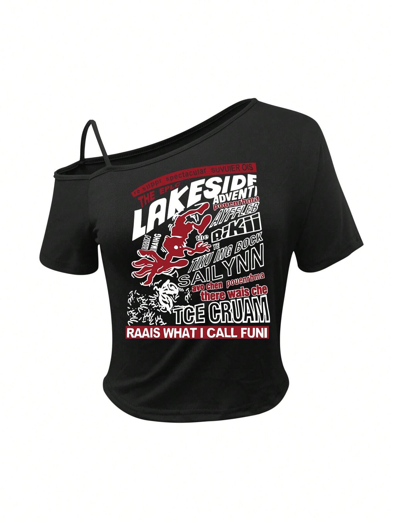 SXV Summer Fashion Asymmetric Collar Slogan Print Cropped T-Shirt Graphic Tees Women Tops