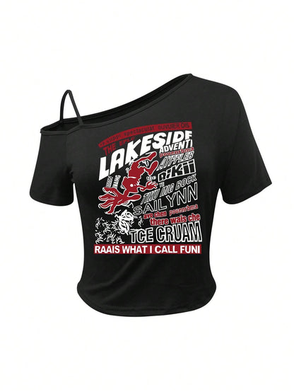 SXV Summer Fashion Asymmetric Collar Slogan Print Cropped T-Shirt Graphic Tees Women Tops