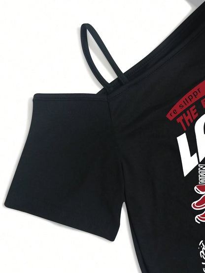 SXV Summer Fashion Asymmetric Collar Slogan Print Cropped T-Shirt Graphic Tees Women Tops