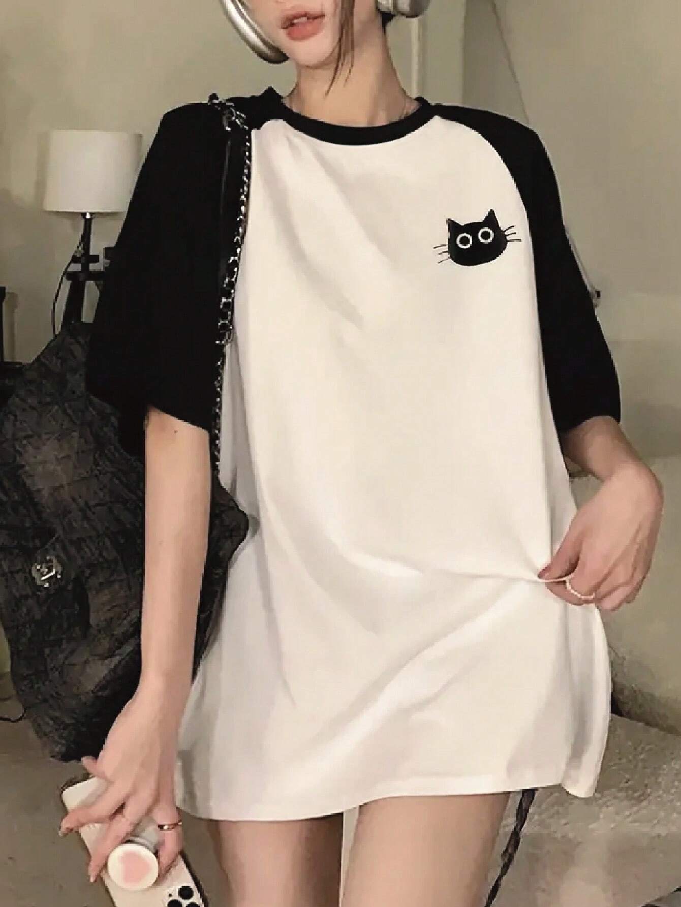 SXV Women's Casual Loose Colorblock Cartoon Cat Print Round Neck Raglan Sleeve T-Shirt, Summer Graphic Tees Women Tops