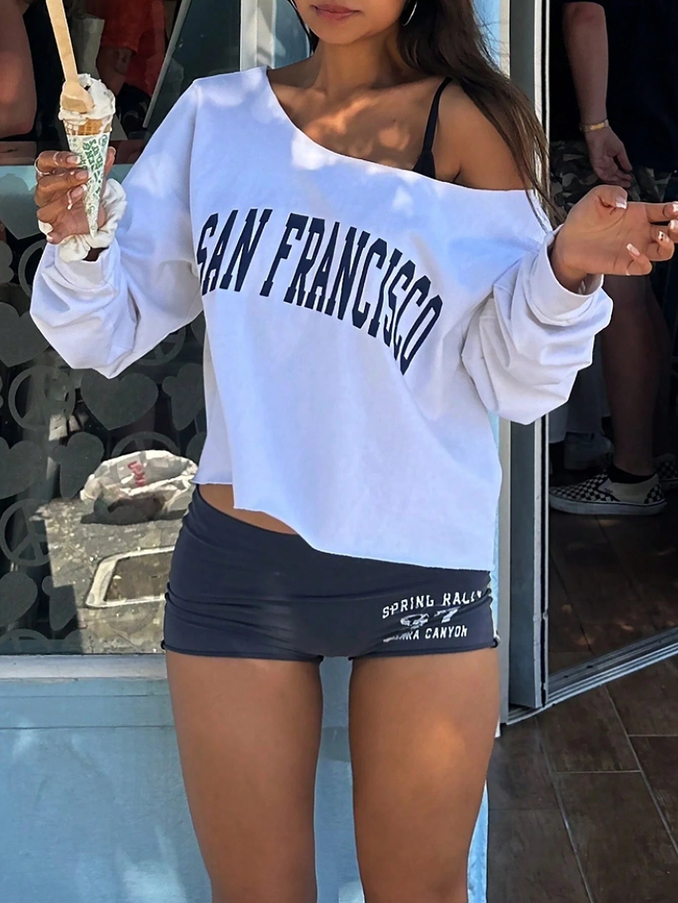 SXV san francisco Casual Letter Print Asymmetric Collar Long Sleeve sweatshirt