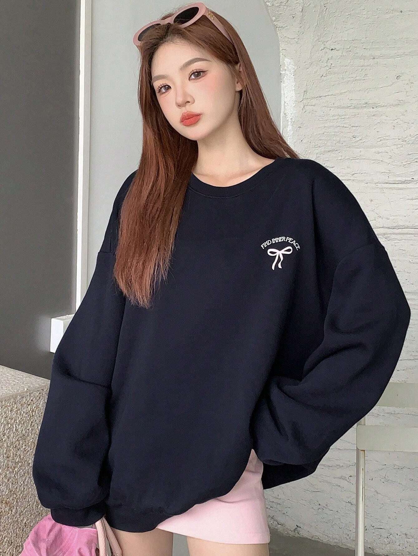 SXV Find inner peace Women Casual Bow & Letter Print Sweatshirt , Black Sweatshirt