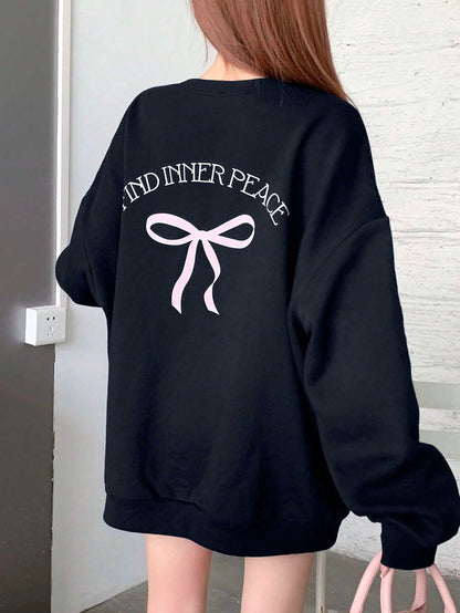 SXV Find inner peace Women Casual Bow & Letter Print Sweatshirt , Black Sweatshirt