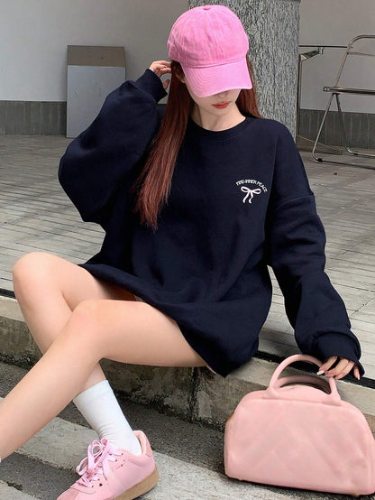 SXV Find inner peace Women Casual Bow & Letter Print Sweatshirt , Black Sweatshirt