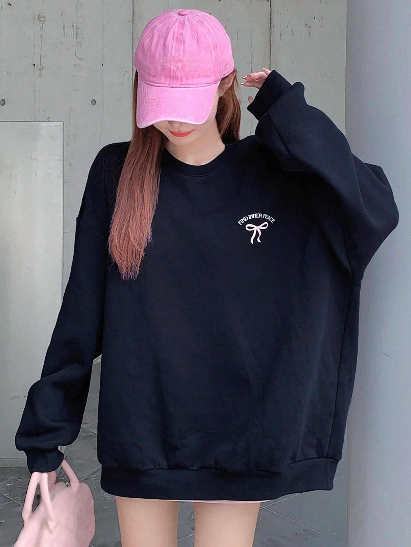 SXV Find inner peace Women Casual Bow & Letter Print Sweatshirt , Black Sweatshirt