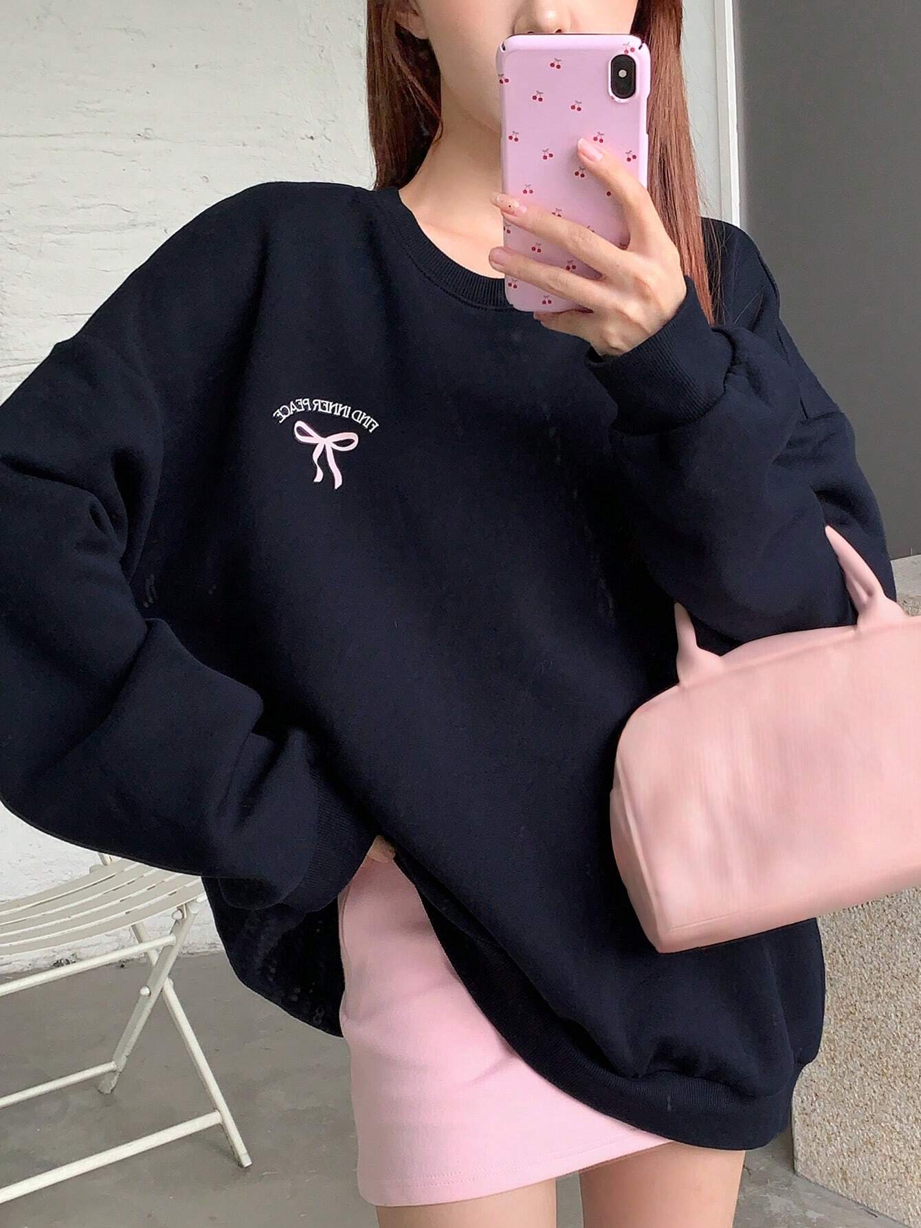 SXV Find inner peace Women Casual Bow & Letter Print Sweatshirt , Black Sweatshirt